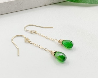 Chrome Diopside Earrings in Silver or Gold, Emerald Green Stone, Teardrop Earrings