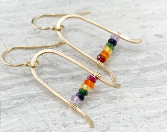 Rainbow Earrings in Gold or Silver, Real Gemstone Drop Earrings, Boho Rainbow Jewelry