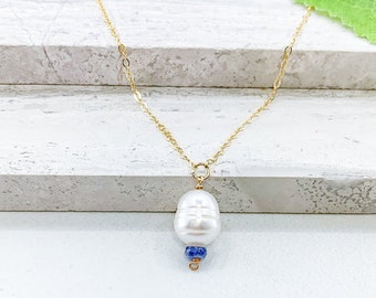 Pearl and Sapphire Necklace in Gold, Meaningful Necklace, Sapphire Jewelry