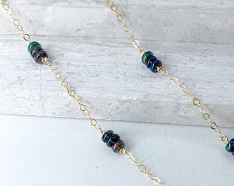 Black Opal Station Necklace Gold or Silver, October Birthstone Jewelry