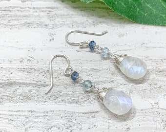 Moonstone and Blue Topaz Earrings in Sterling Silver, Gold Filled or Rose Gold Filled, Moonstone Jewelry, Gift for Her