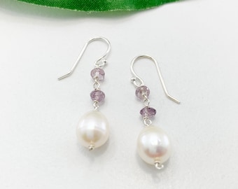 Pearl and Purple Spinel Earrings in Rose, Gold or Silver, Pearl Dangle Earrings