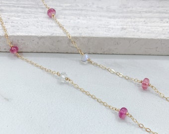 Pink Sapphire Moonstone Necklace in Gold or Silver, Station Necklace, Meaningful Necklace