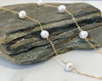 Pearl Necklace in Gold or Silver, June Birthstone, Station Necklace