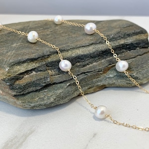 Pearl Necklace in Gold or Silver, June Birthstone, Station Necklace