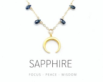 Crescent Moon Blue Sapphire Necklace, September Birthday, Meaningful Necklace