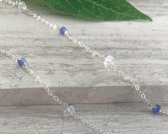 Blue Sapphire Moonstone Necklace in Gold or Silver, Station Necklace, Meaningful Necklace