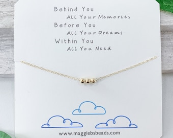 Graduation Gift Necklace, Three Bead Necklace in Gold, Meaningful Necklace, Past Present Future Necklace