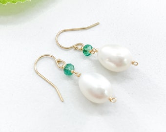 Pearl and Emerald Earrings in Gold or Silver