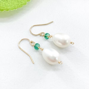Pearl and Emerald Earrings in Gold or Silver, Pearl Dangle Earrings