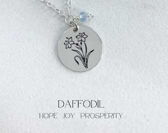 March Birth Flower Necklace in Silver with Aquamarine, March Birthstone