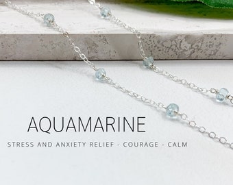 Aquamarine Station Necklace in Sterling Silver or Gold Filled, Meaningful Necklace, Anxiety relief