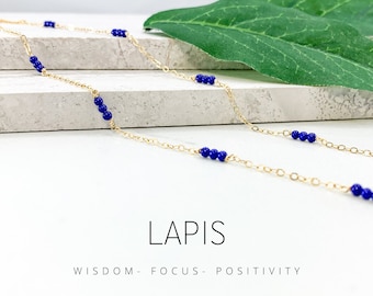 Lapis Lazuli Station Necklace in Gold or Silver Chain, Meaningful Necklace, Lapis Lazuli Jewelry