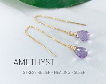 Amethyst Earrings in Gold, Threader Earrings, Meaningful Jewelry, Healing Crystal, Stress Relief Crystal