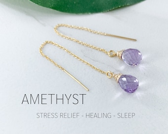 Amethyst Earrings in Gold, Threader Earrings, Meaningful Jewelry, Healing Crystal, Stress Relief Crystal