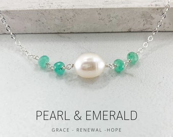 Pearl and Emerald Necklace, May Birthstone Jewelry