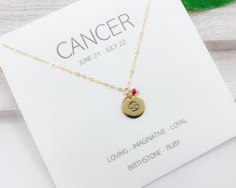 Cancer Zodiac Necklace in Gold, Ruby Birth Stone, Zodiac Jewelry, Gift for Friend