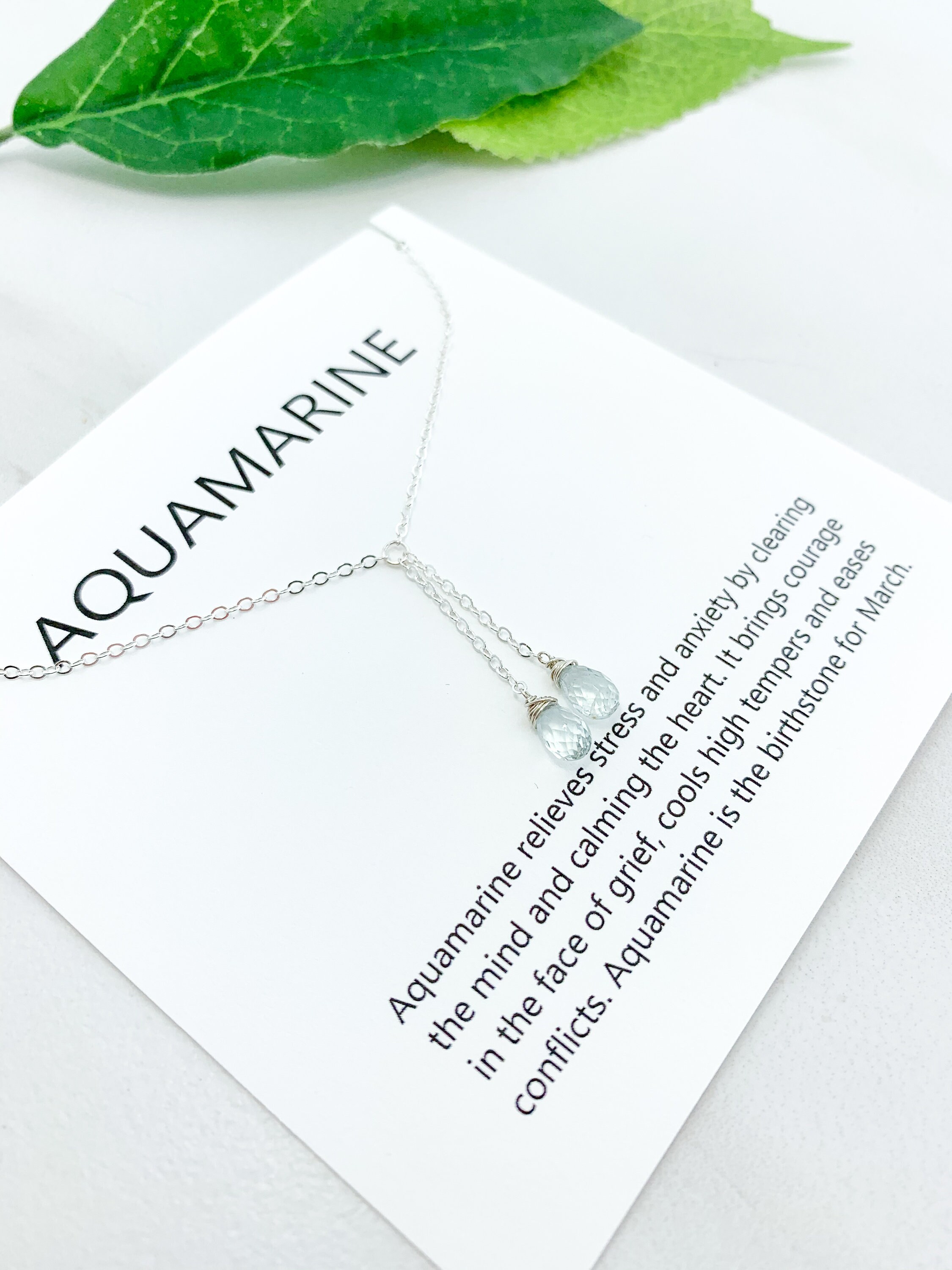 Aquamarine Necklace in Sterling Silver or Gold Filled Lariat Chain
