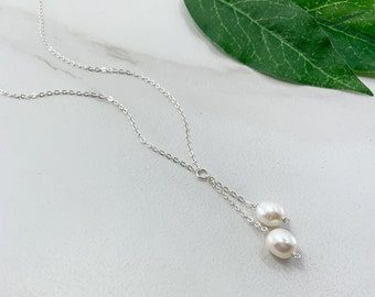 Pearl Lariat Necklace in 14k Gold Filled or Sterling Silver