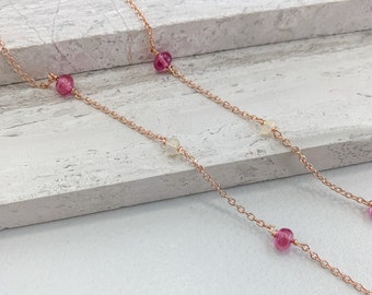 Pink Sapphire Ethiopian Opal Necklace, Rose Gold Filled Chain, Station Necklace, Opal Jewelry