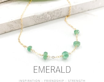 Emerald Station Necklace in Gold or Silver, May Birthstone, Layering Necklace, Emerald Jewelry