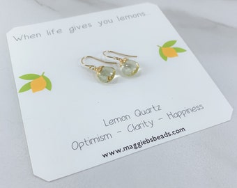 Lemon Quartz Earrings in Gold or Silver, Meaningful Gemstone Earrings, Yellow Gemstone Drop Earrings