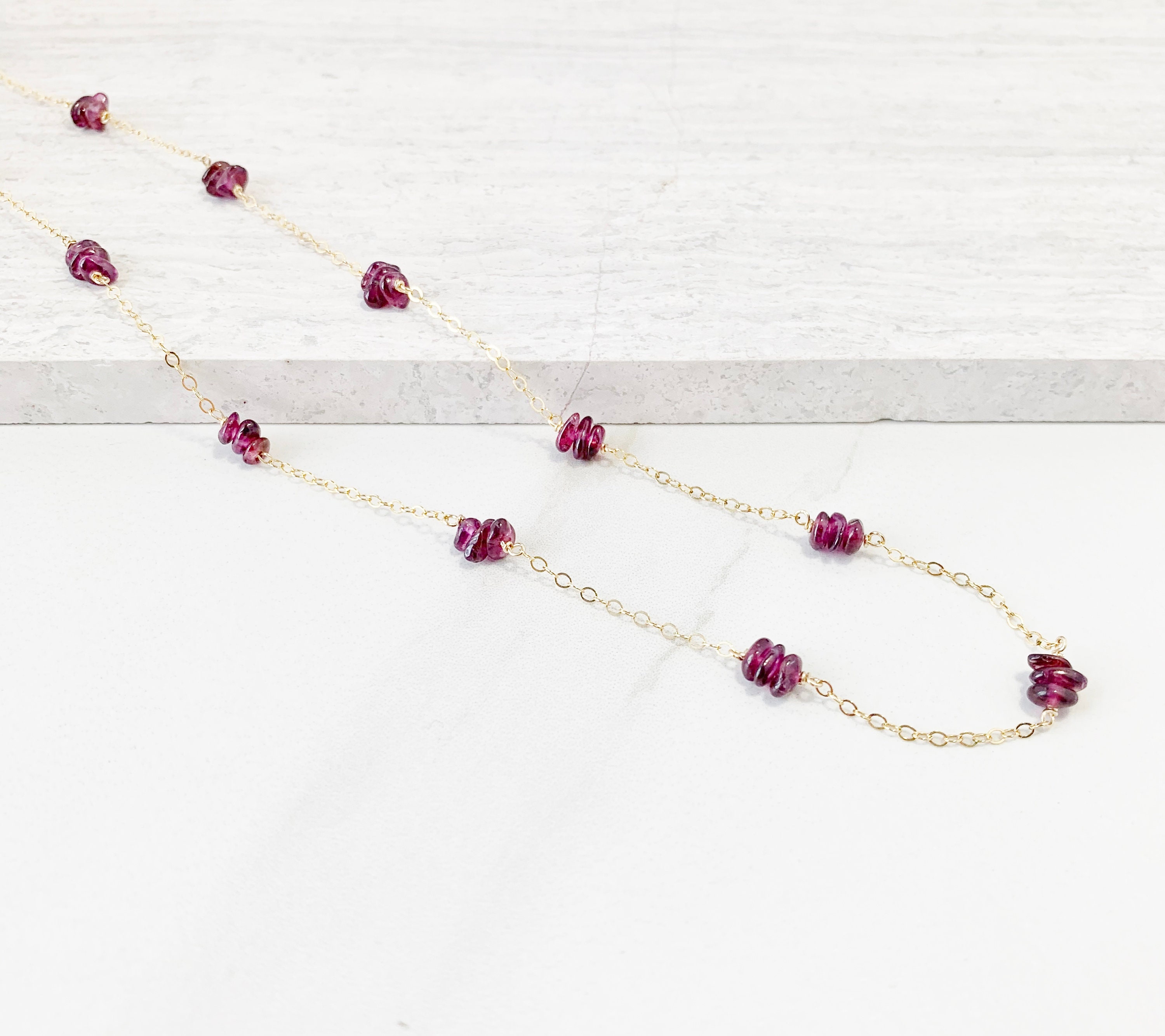 Rhodolite Station Necklace in Silver or Gold, January Birthstone Jewelry