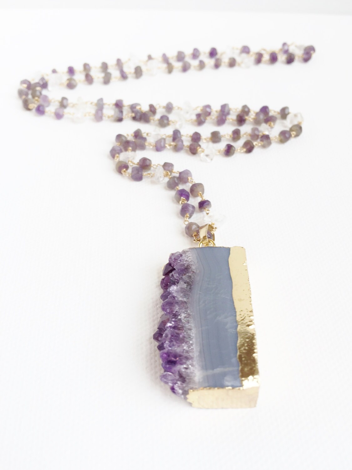Amethyst Necklace - Geode Slice - Long Beaded Chain - Gold Filled ...