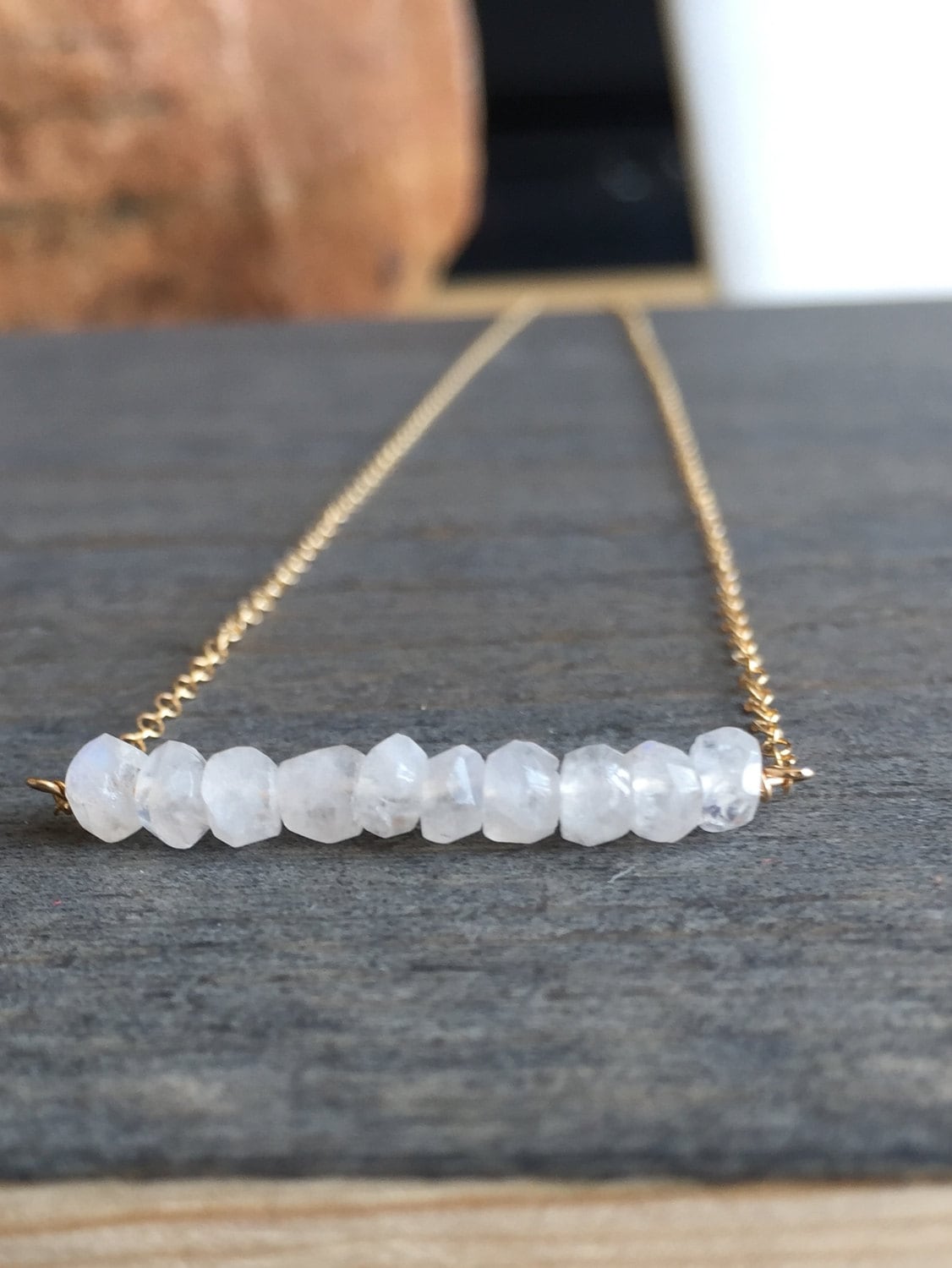 Moonstone Bar Necklace, Delicate Gold or Sterling Silver
