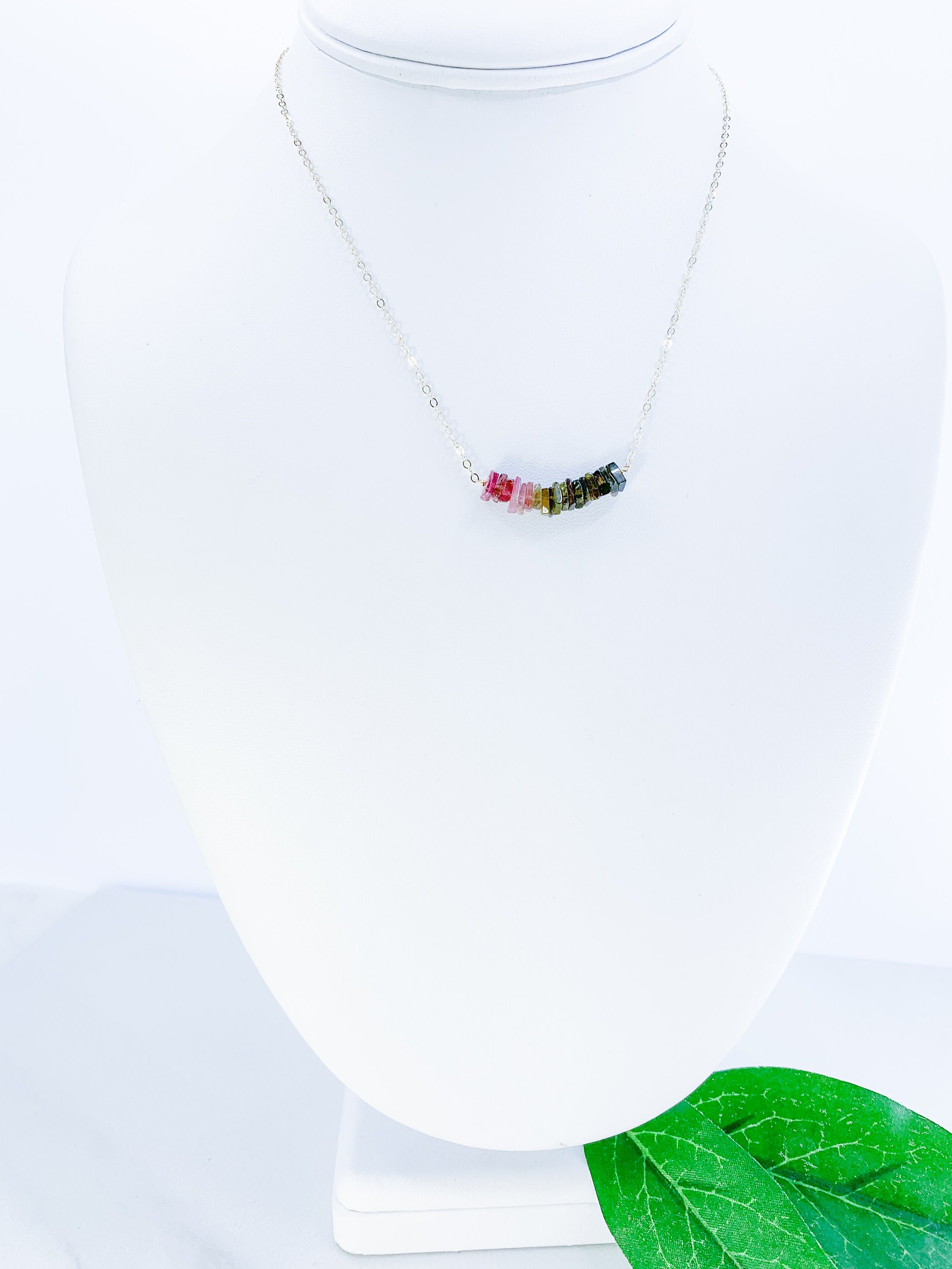 Raw Watermelon Tourmaline Bar Necklace