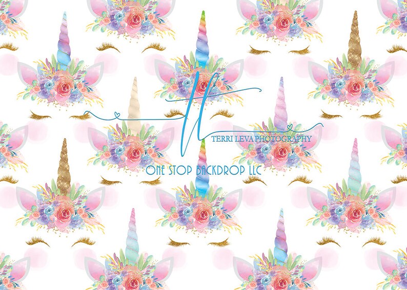 Glare Free Vinyl 7/' wide by 5/' tall Sweet Unicorns on white Backdrop TL0448