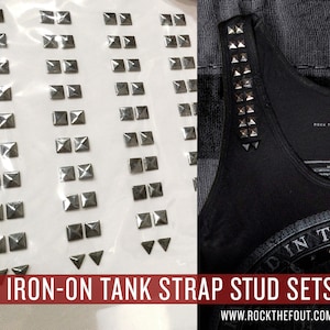 IRON-ON STUDS for tank tops / straps (diy, d.i.y., punk, heavy metal, pyramid, studded, style, fashion, outfit, transfer, bling, custom/mod)