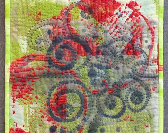 Red & Green Stitches, art quilt, fabric collage, wall hanging, quilted art, room decor