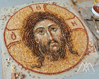 Mandylion mosaic, stone mosaic. Handmade product