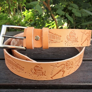 Greek Leather Belt, Handmade Belt with Embossed Ancient Greek Images, Tooled Real Leather Belt