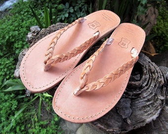 Women's Handmade Greek Leather Braided Flip Flops with Cushioned Insole Option