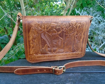 Handmade Greek Leather Bag, Women's Crossbody Bag with Embossed Ancient Greek Mythology Pattern, Full Flap Shoulder Bag
