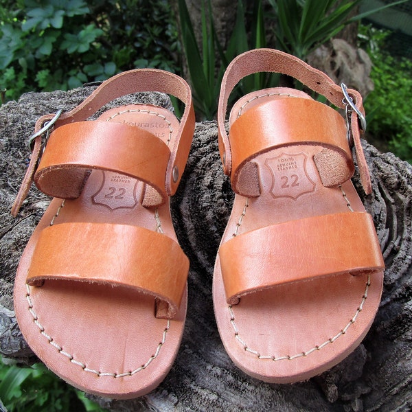 Sandales en cuir grecques pour enfants, sandales unisexes à bride arrière pour enfants de couleur naturelle, sandales classiques faites main, sandales en cuir véritable