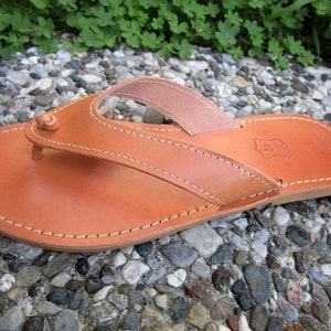 May include: A pair of brown leather thong sandals with a simple design. The sandals have a stitched edge and a leather strap that goes between the toes.