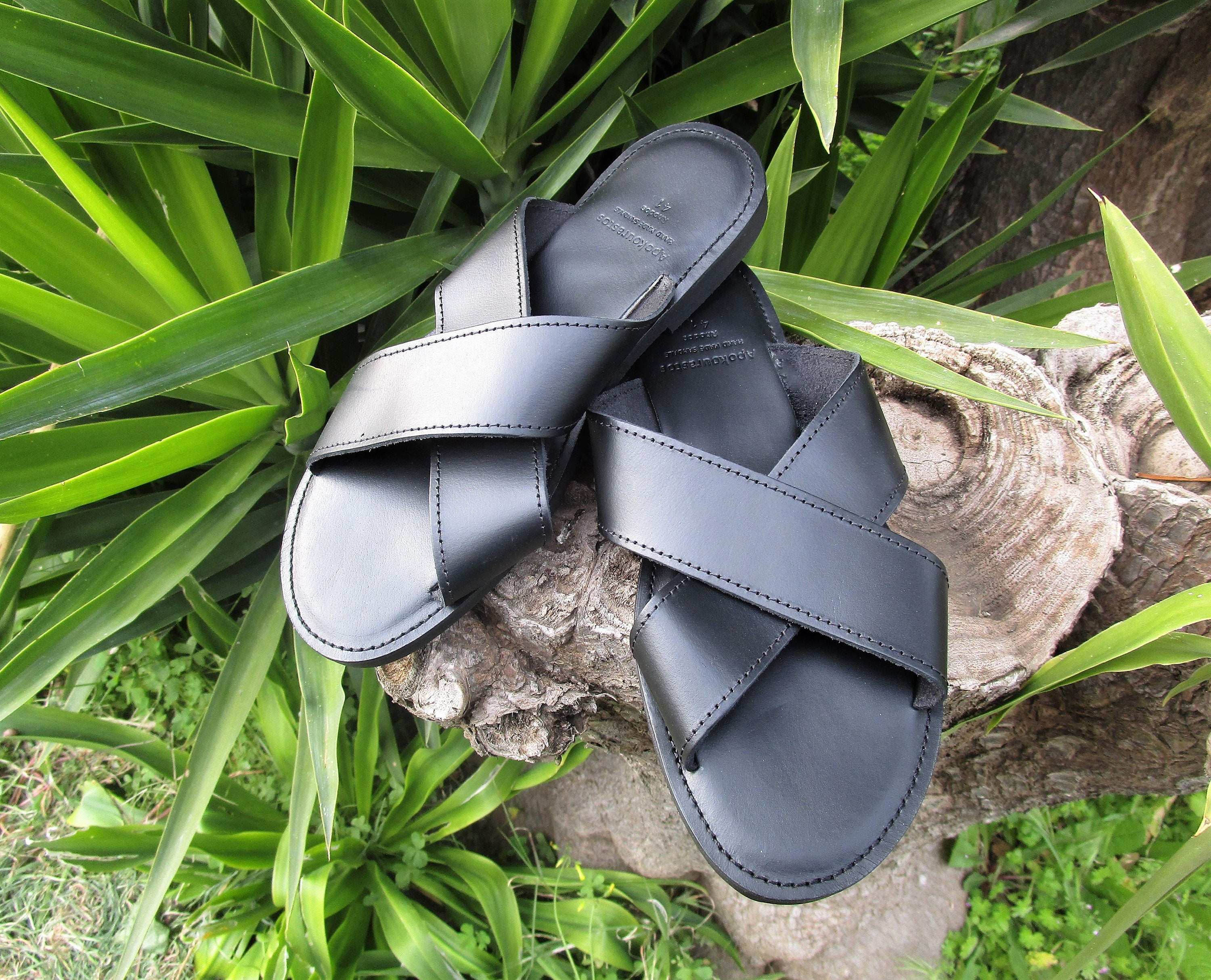 Black Cross-over Strap Leather Sandals leather shoes for men | Rapawalk