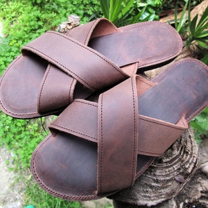 Men's Handmade Greek Leather Cross Strap Slide Sandals with Cushioned Insoles