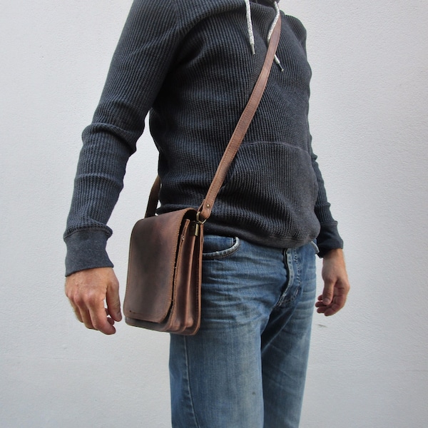Men's Messenger Bag, Handmade Greek Leather Bag, Small Vertical Crossbody Bag, Real Leather Shoulder Bag, Full Flap Bag
