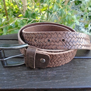 Greek Leather Belt, Handmade Belt with Embossed Woven Pattern, Tooled Real Leather Belt, Brown Leather Belt