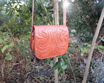 Mini Bag, Leather Saddle Bag with Embossed Floral Pattern, Handmade Greek Leather Bag, Tooled Leather Bag, Women's Small Crossbody Purse
