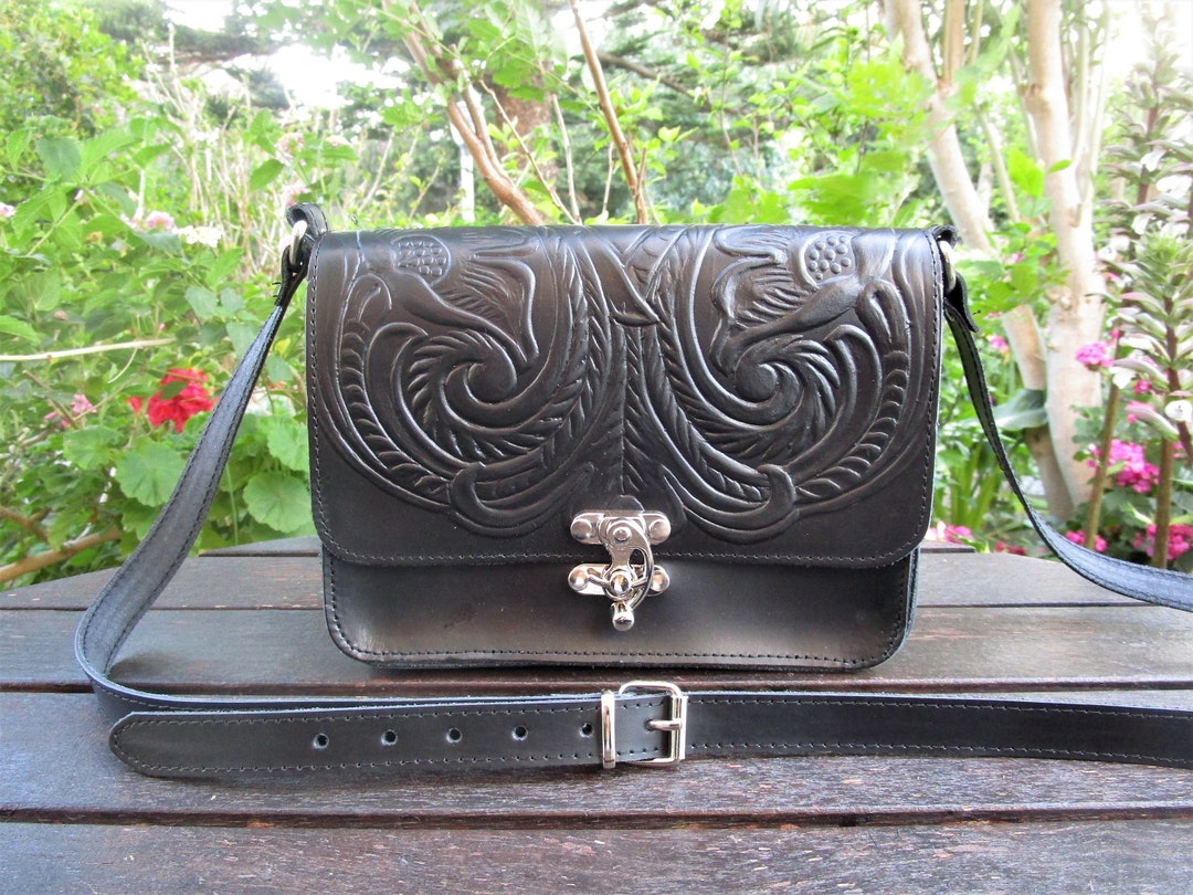 Greek Leather Bag, Crossbody Bag With Embossed Floral Pattern, Women's Handmade Purse, Shoulder