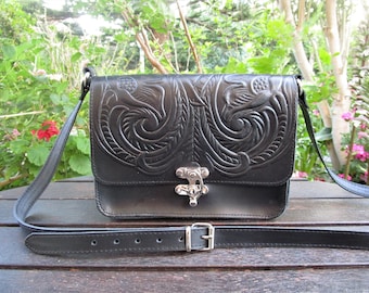 Greek Leather Bag, Crossbody Bag with Embossed Floral Pattern, Women's Handmade Purse, Shoulder Bag, Tooled Leather Bag