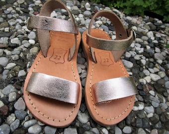 Children's Greek Leather Sandals, Girl's Ankle Strap Sandals in Metallic Bronze, Handmade Sandals, Real Leather Sandals