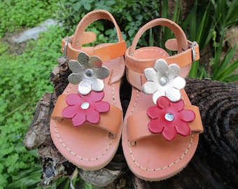 Children's Greek Leather Sandals, Flower Decorated Sandals, Girl's Traditional Handmade Sandals, Real Leather Sandals