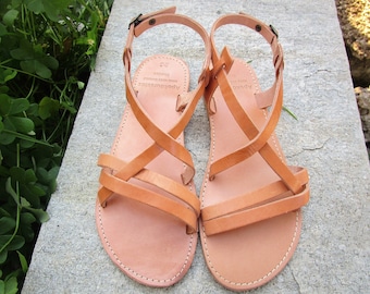 Handgemaakte Griekse leren slingbacksandalen voor dames