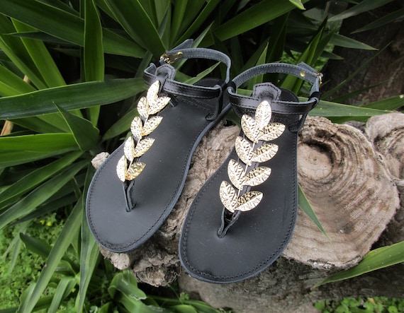 Handmade Greek Leather Sandals Gold Laurel Leaf Sandals